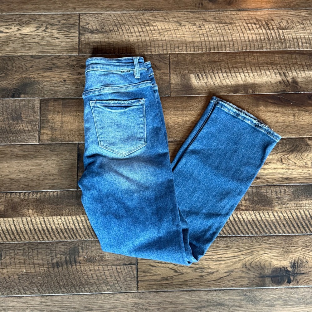 Risen Jeans Womens High Rise Straight Leg Medium Wash Raw Hem Denim Size 7/28